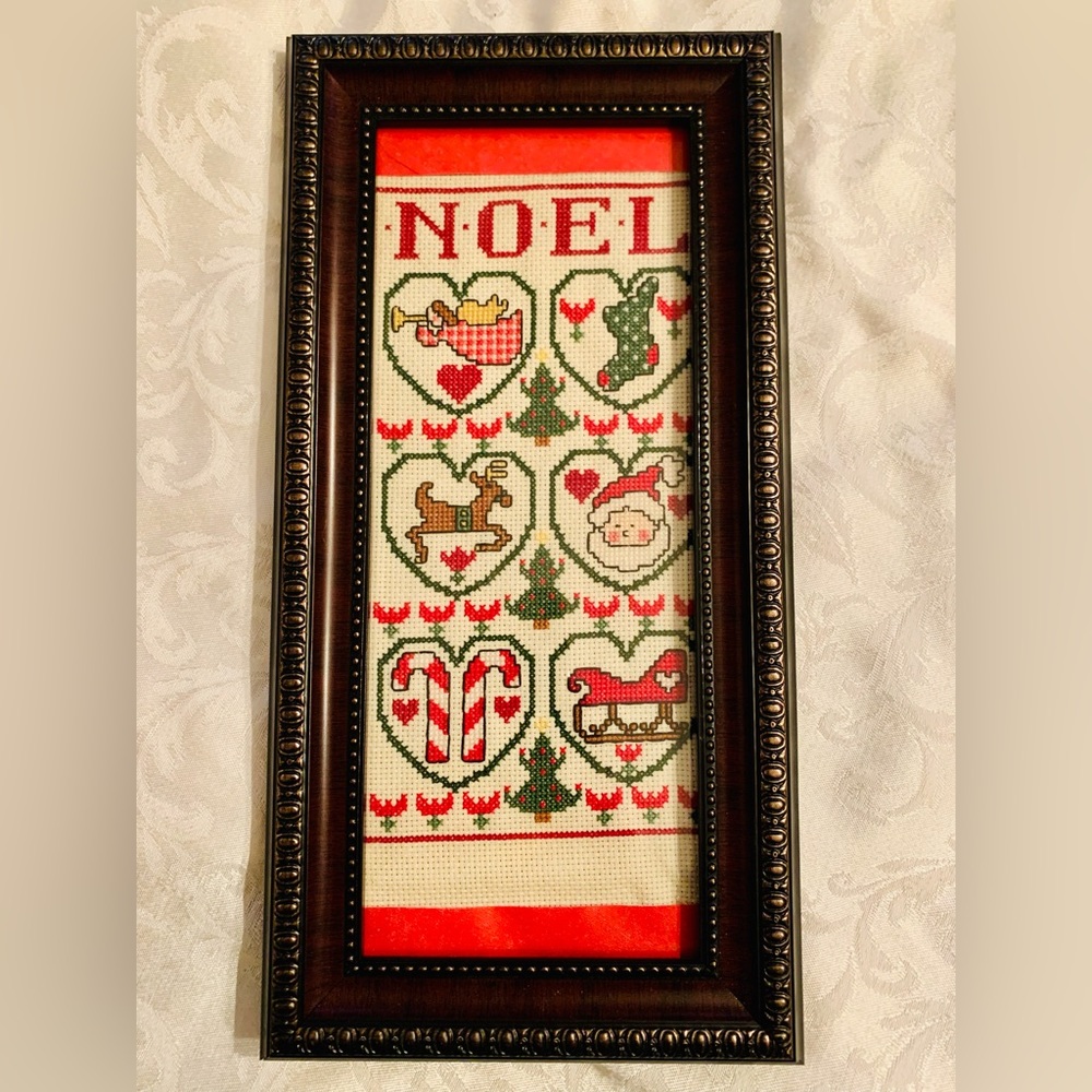 Christmas Cross Stitch Art in Frame Santa Candy Canes Reindeer NOEL handmade